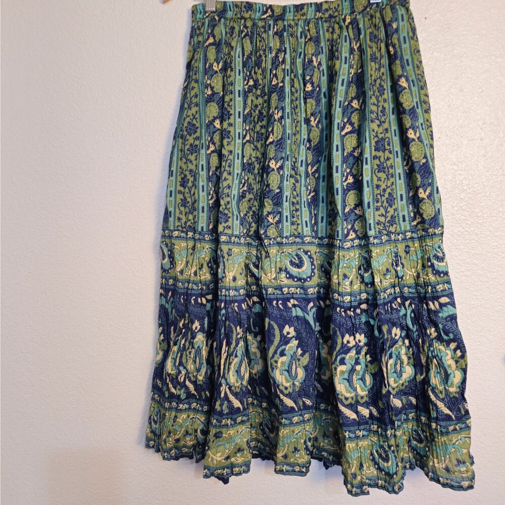 Krazy Kat Boho green blue multi print  vintage boho gypsy midi  skirt L